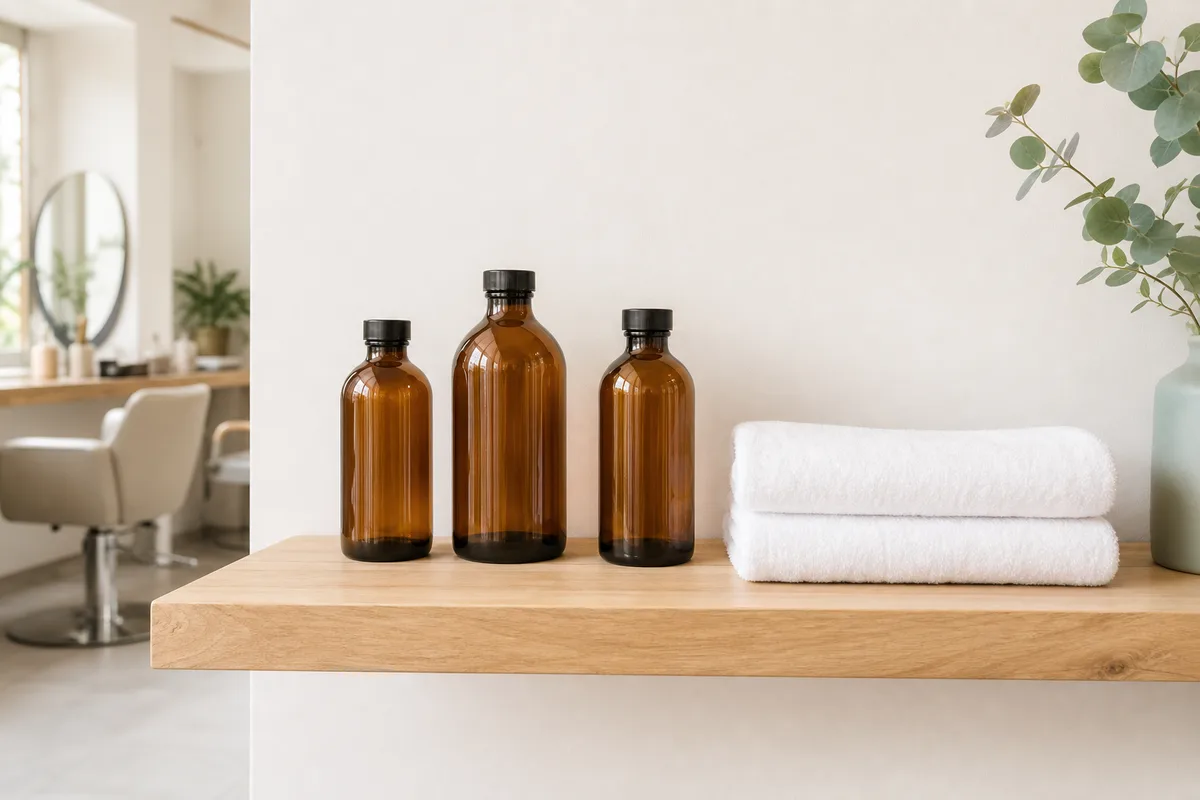 Étagère en bois clair avec trois flacons de verre ambré et deux serviettes blanches pliées