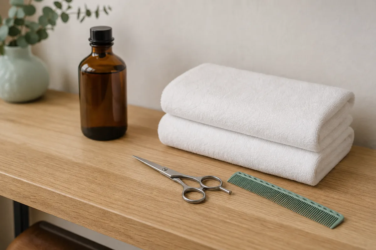 Ciseaux de coiffure et peigne posés sur un plan de travail en bois près de serviettes pliées