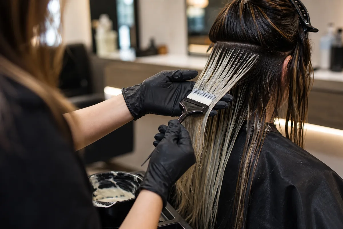 Coiffeuse réalisant une coloration sur une cliente en salon