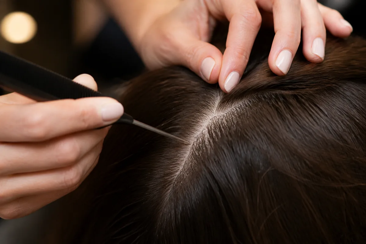 Cuir chevelu examiné avec un peigne fin sous une lumière de salon de coiffure